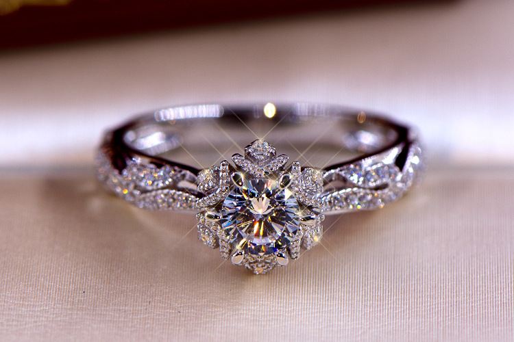 Moissanite Engagement Ring 1 Carat - Cincin Perak Sterling S925 Hollow Flower