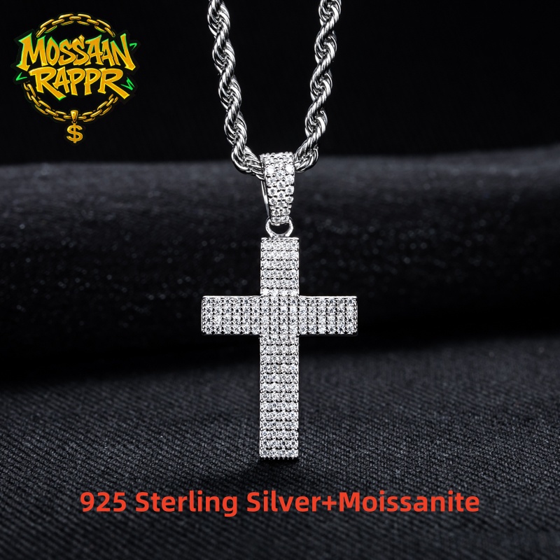 925 Sterling Silver Chain Necklace Men - MossanRappr Moissanite Bling Cross Liontin Es