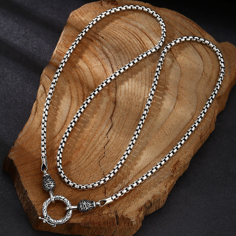 925 Sterling Silver Chain Necklace Men - OUYADI Kalung Rantai Kotak Retro Perak