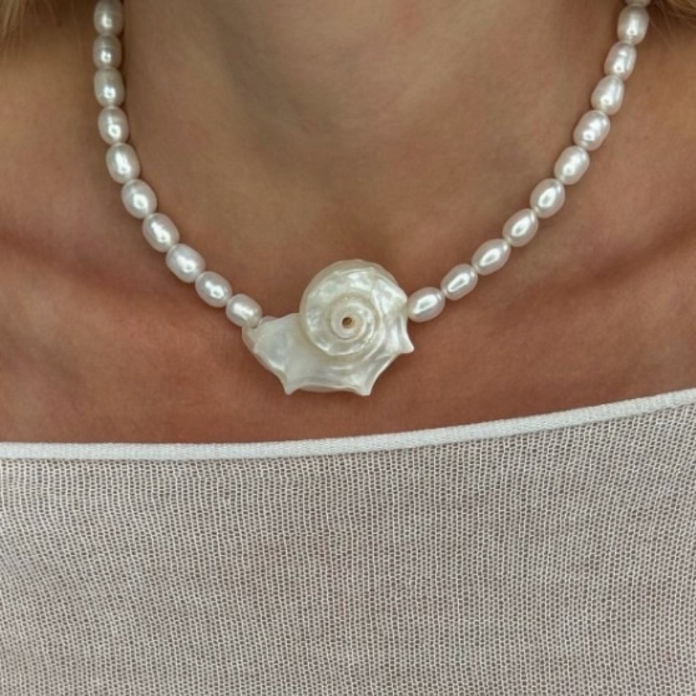 Pearl Choker Necklace Vintage - Kalung Liontin Cangkang Kerang Alami Bohemian