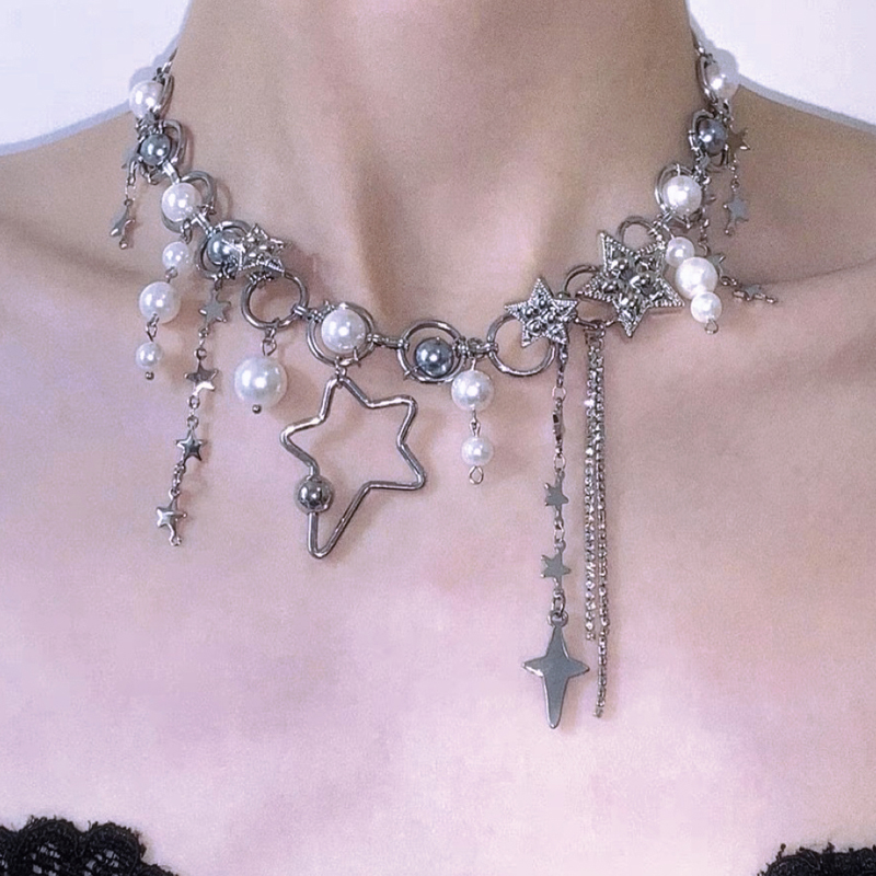 Pearl Choker Necklace Vintage - Y2K kalung rantai wanita, aksesori Vintage