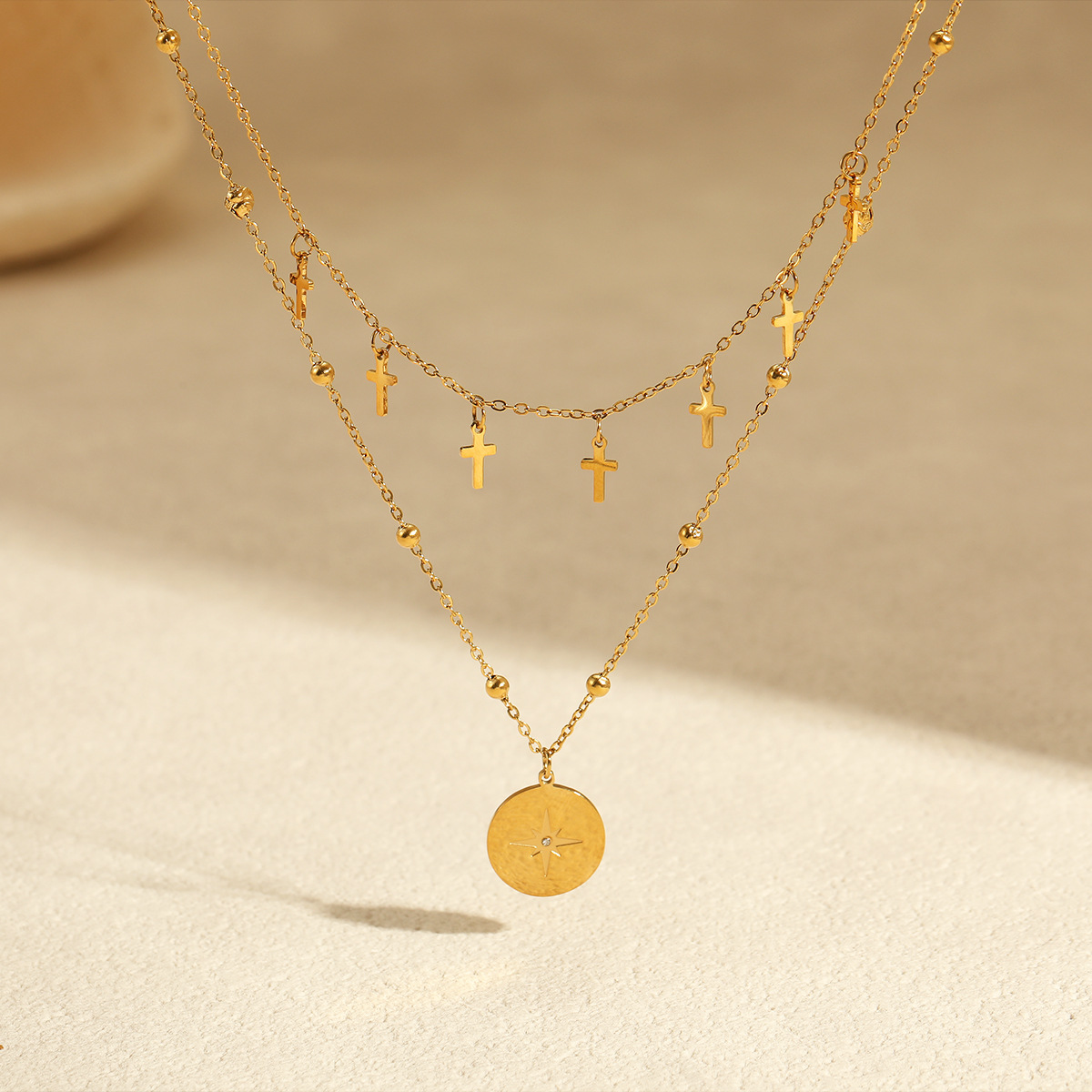 Kalung Salib Lapis Dua Vintage - Layered Pendant Necklace Aesthetic ulasan dan harga